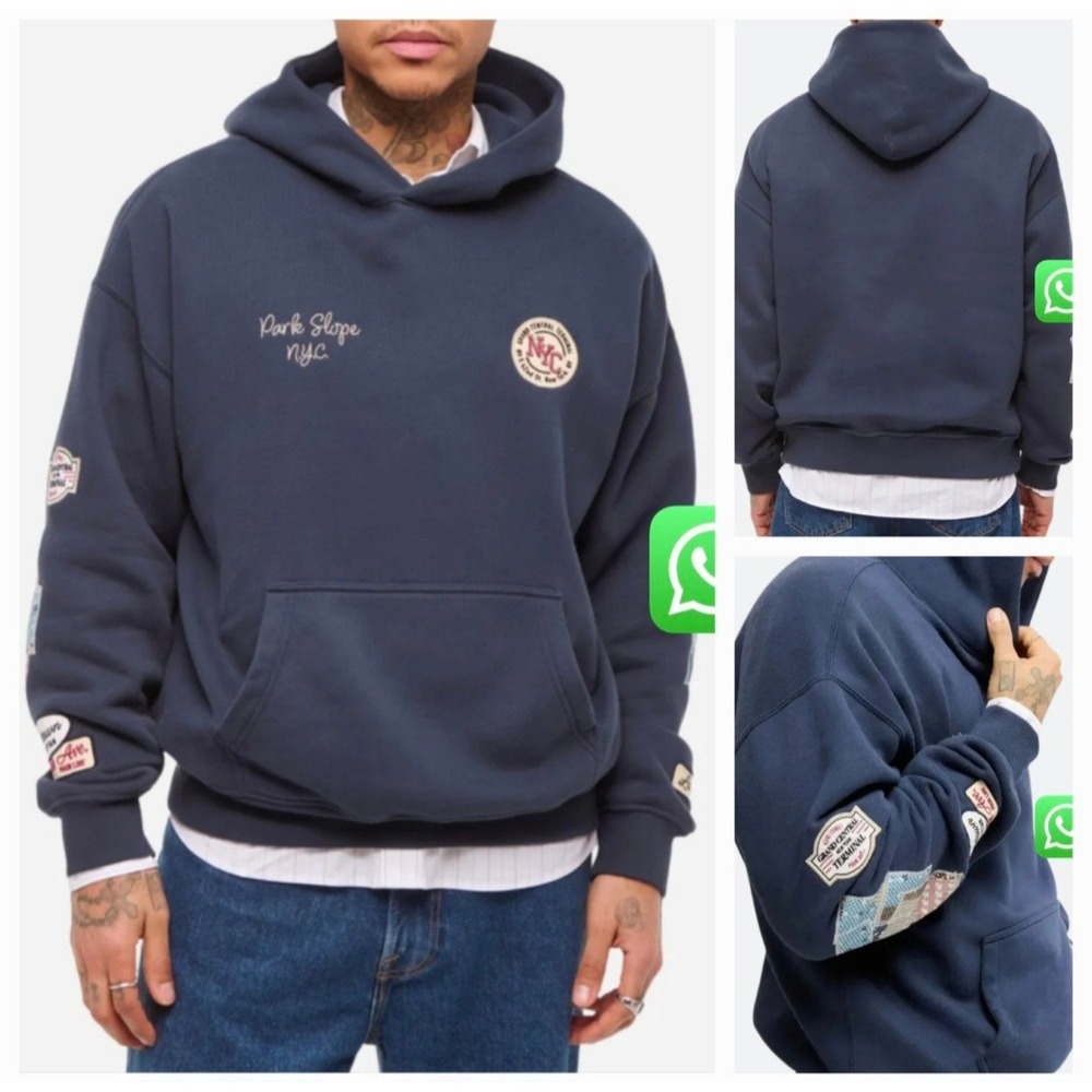 Abercrombie & Fitch Navy Park Slope NYC Patchwork Graphic Essential Hoodie Large